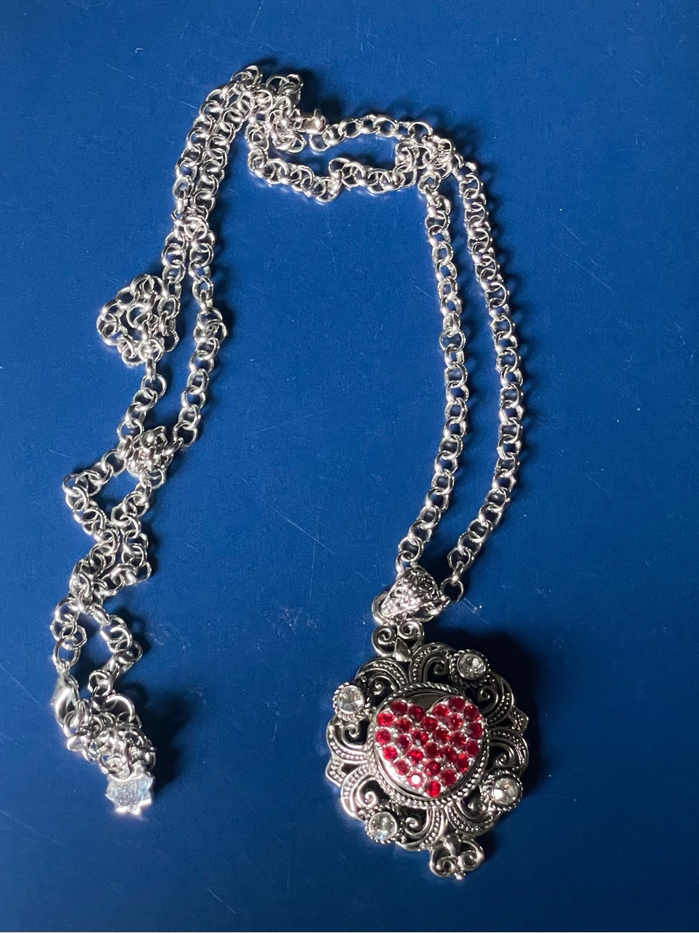 Silver-Tone Heart Pendant Necklace with Red Crystal Accent